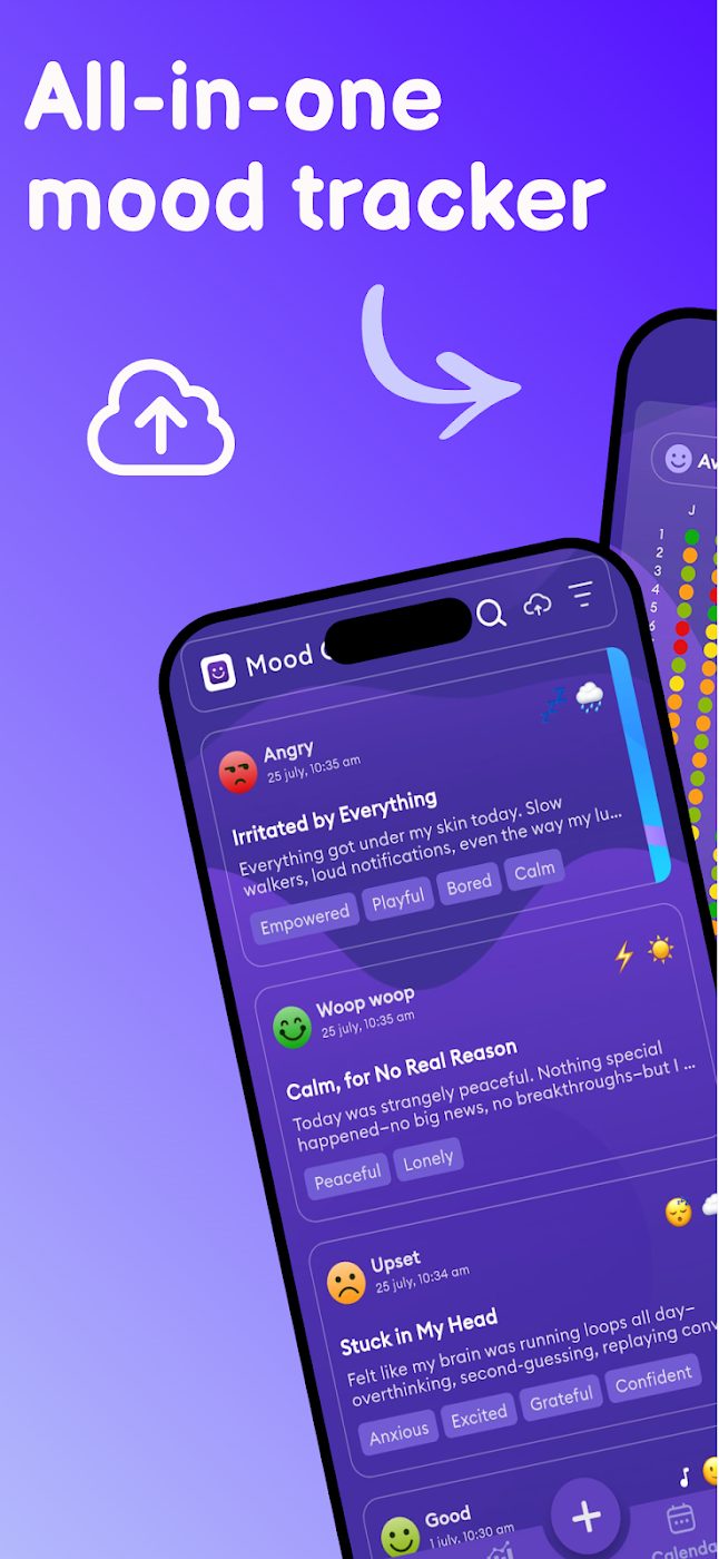 MoodOn home screen with daily mood check-in, calendar, and journal entries